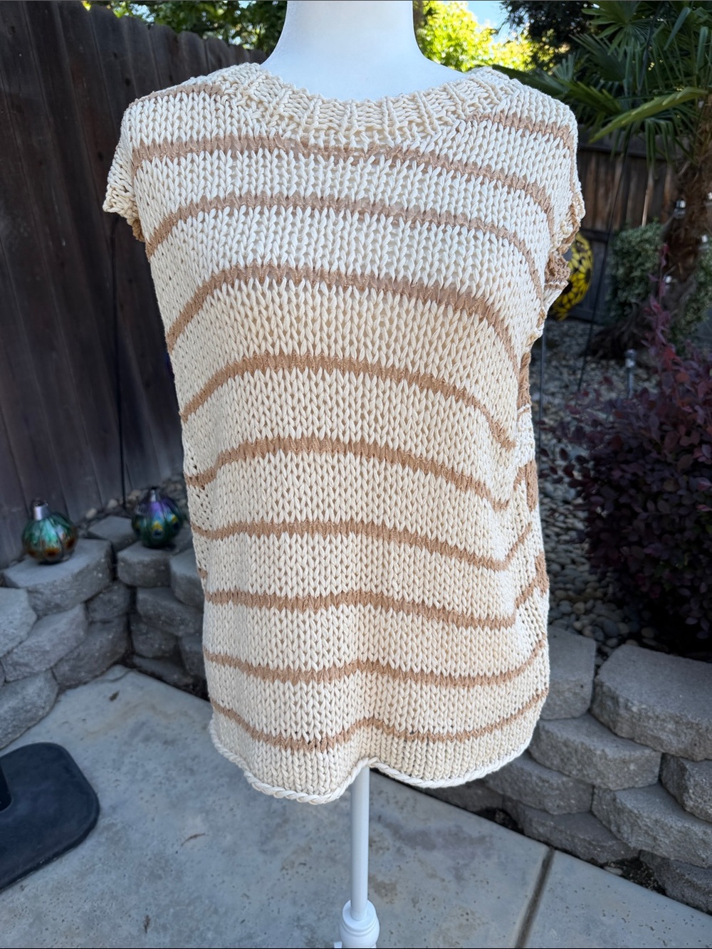 Free People Cream and Tan Striped Open-Knit Tank